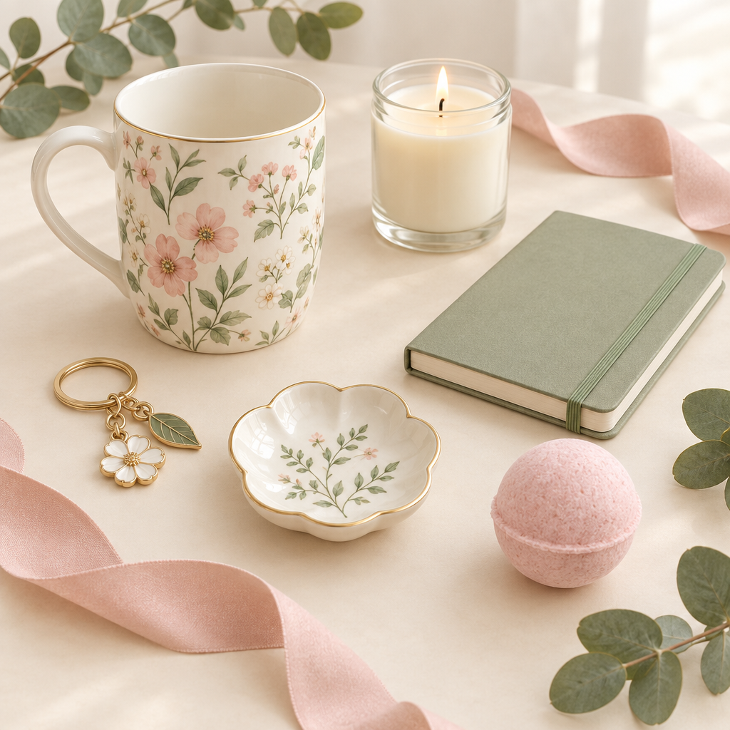 Affordable gift ideas including a floral mug, candle, notebook, trinket dish, keyring and bath bomb