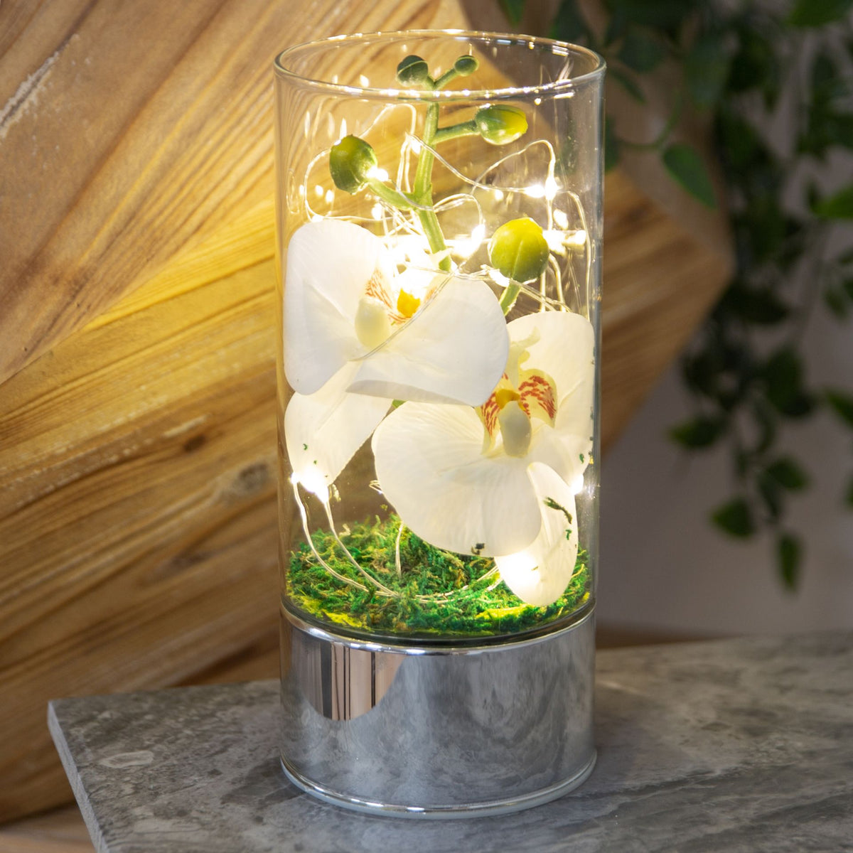 Glass Tube Vase with White Flowers and LED Lights 20 cm – product view 2
