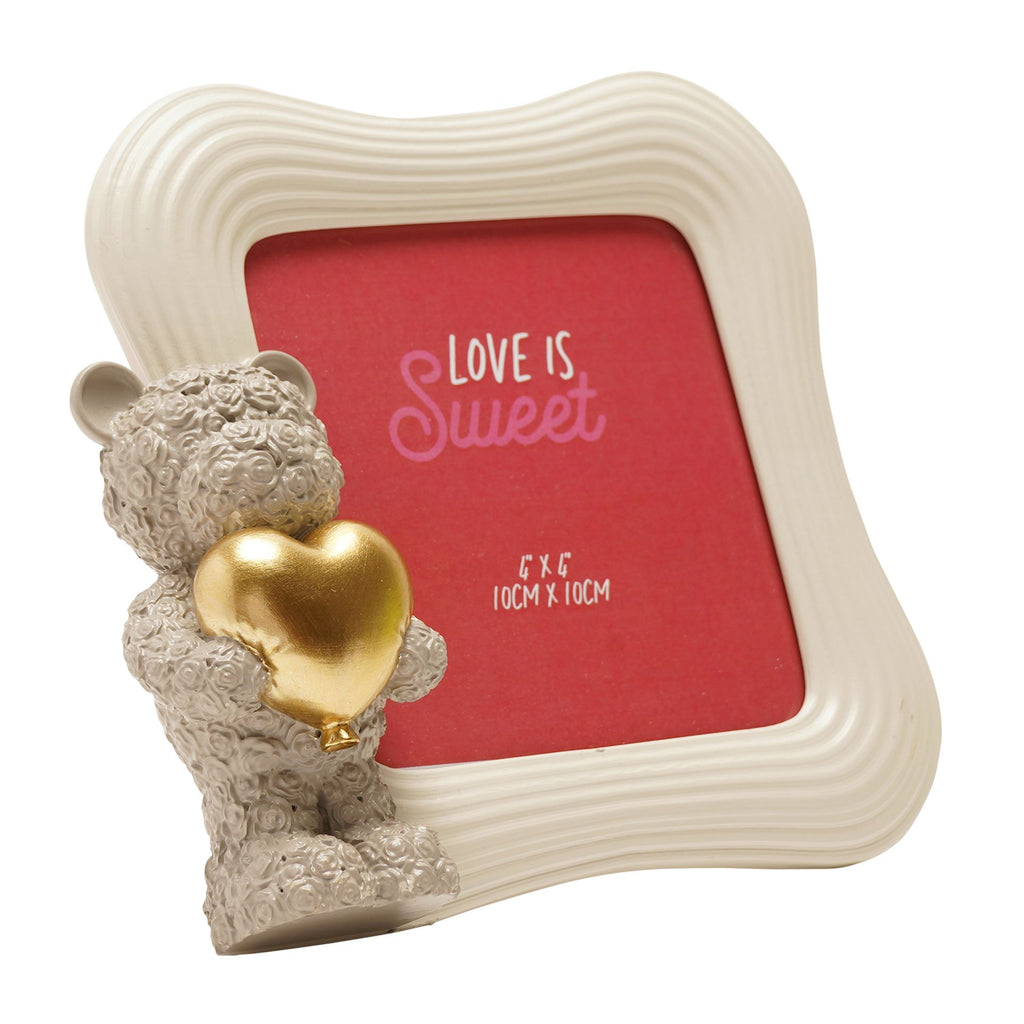Love Is Sweet Grey/White Square Photo Frame 4" x 4" - Baby Bear Holding A Heart