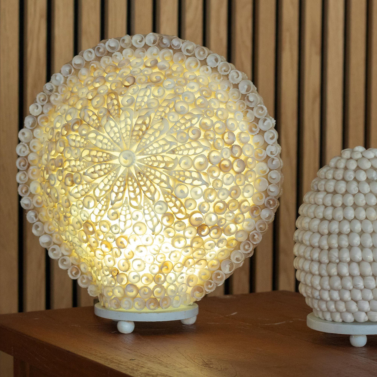 Large round 30cm boho sea shell lamp with cut-art design