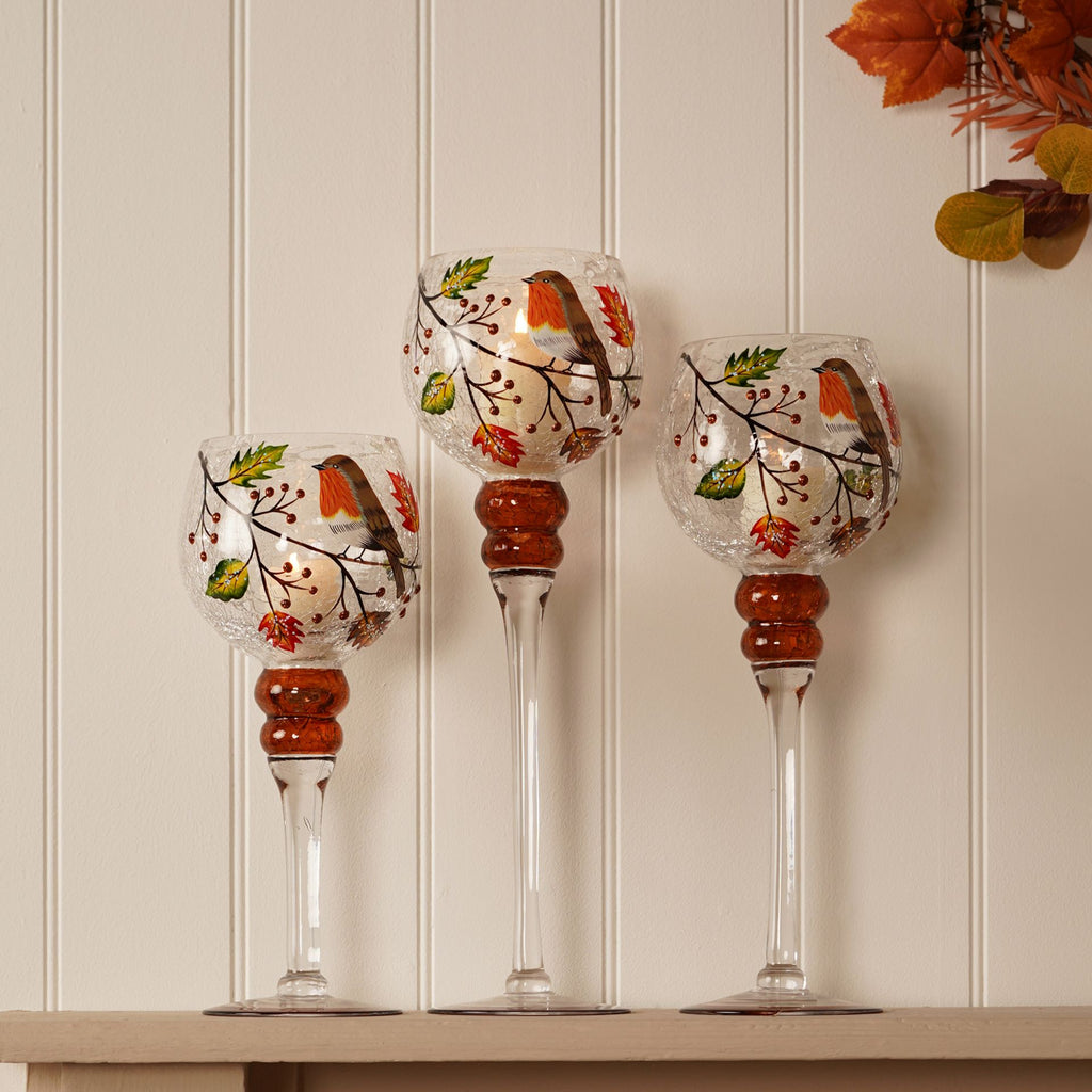 Set of 3 Country Living Autumn Robin Candle Holder 13x30cm, 13x35cm & 13x40cm
