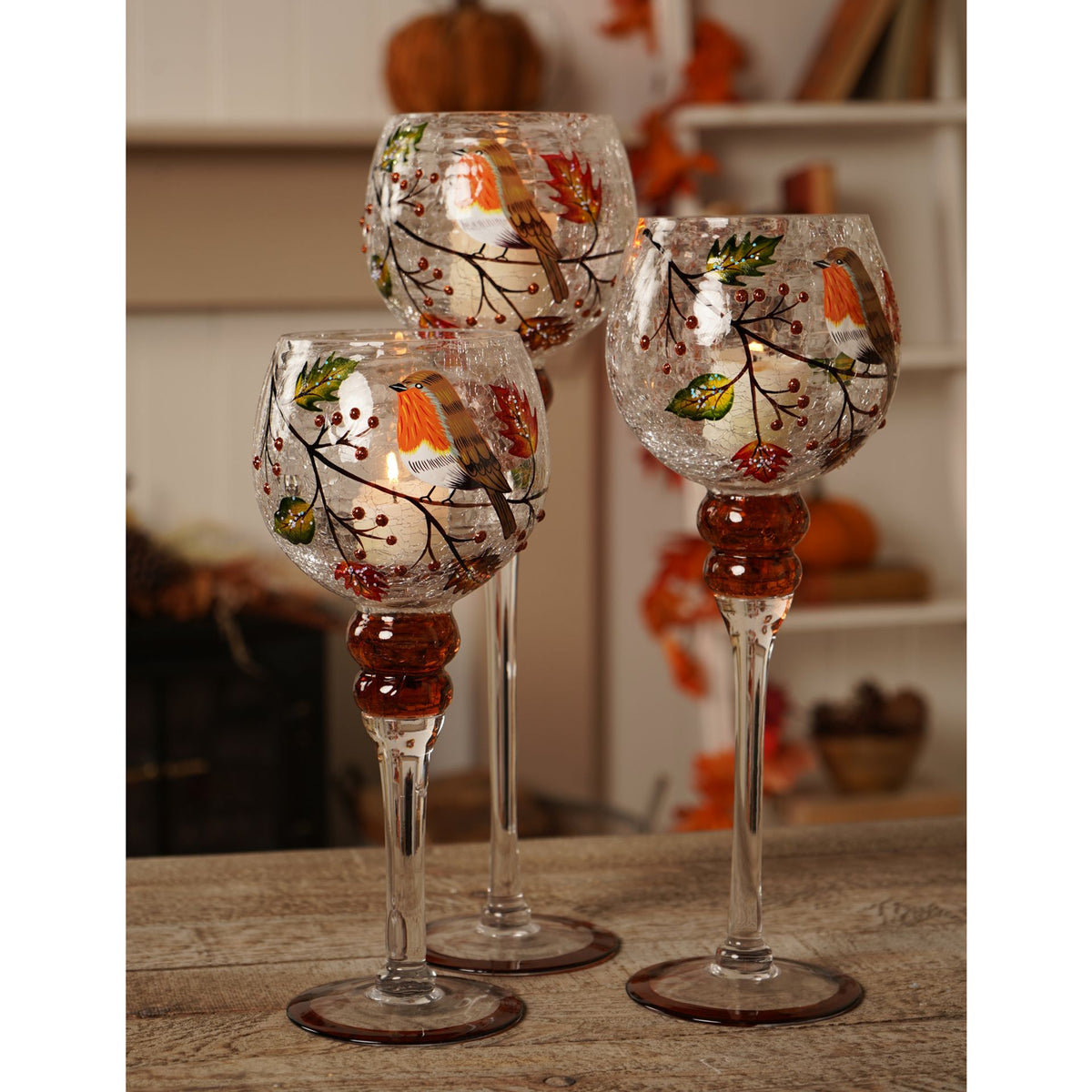 Set of 3 Country Living Autumn Robin Candle Holder 13x30cm, 13x35cm & 13x40cm