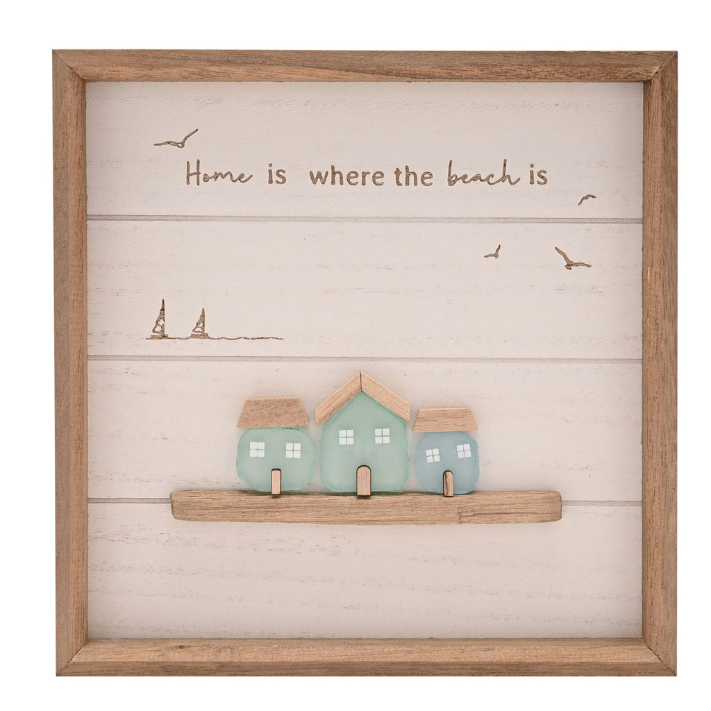 Love Life By The Sea Framed Plaque with Sea Glass - 3 Houses