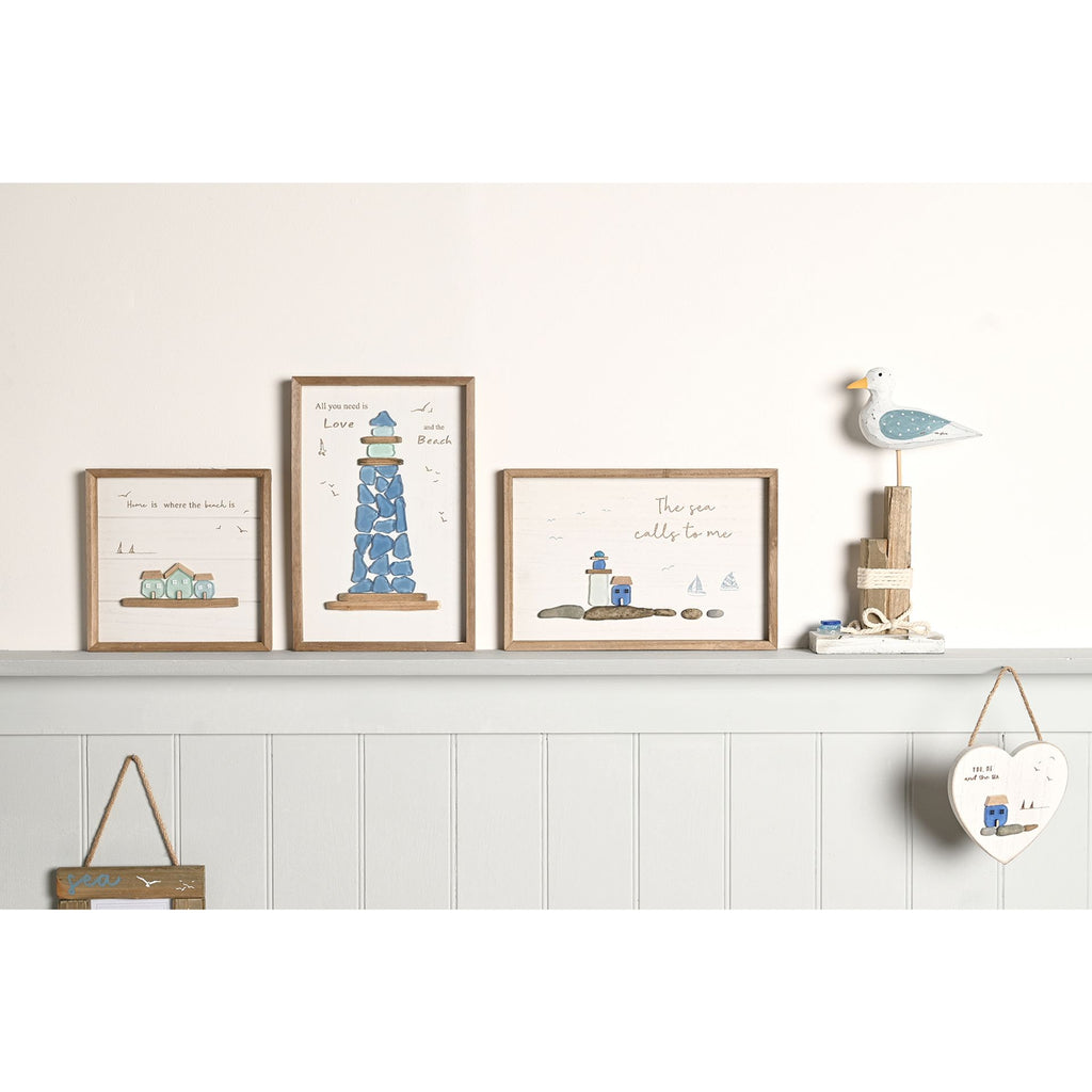 Love Life By The Sea Framed Plaque with Sea Glass - 3 Houses