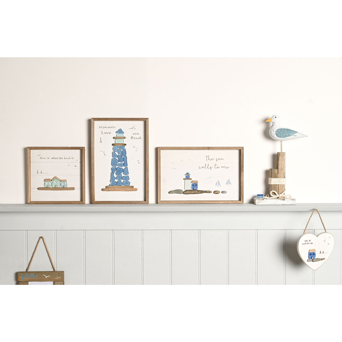 Love Life By The Sea Framed Plaque with Sea Glass - 3 Houses