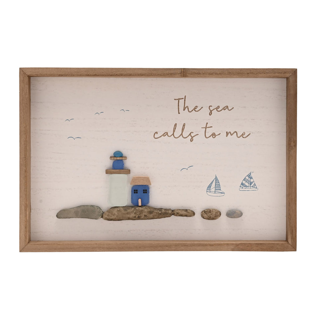 Love Life By The Sea Framed Plaque with Sea Glass - Lighthouse