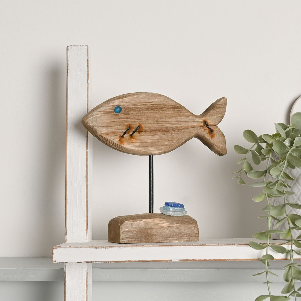 Love Life By The Sea Driftwood with Sea Glass - Fish 18cm