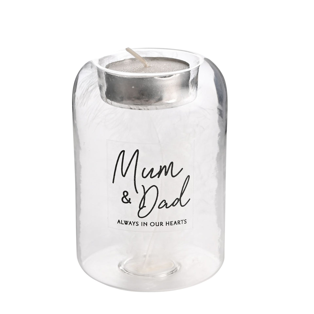 Thoughts of You Feather Glass Tea Light Holder - Mum & Dad