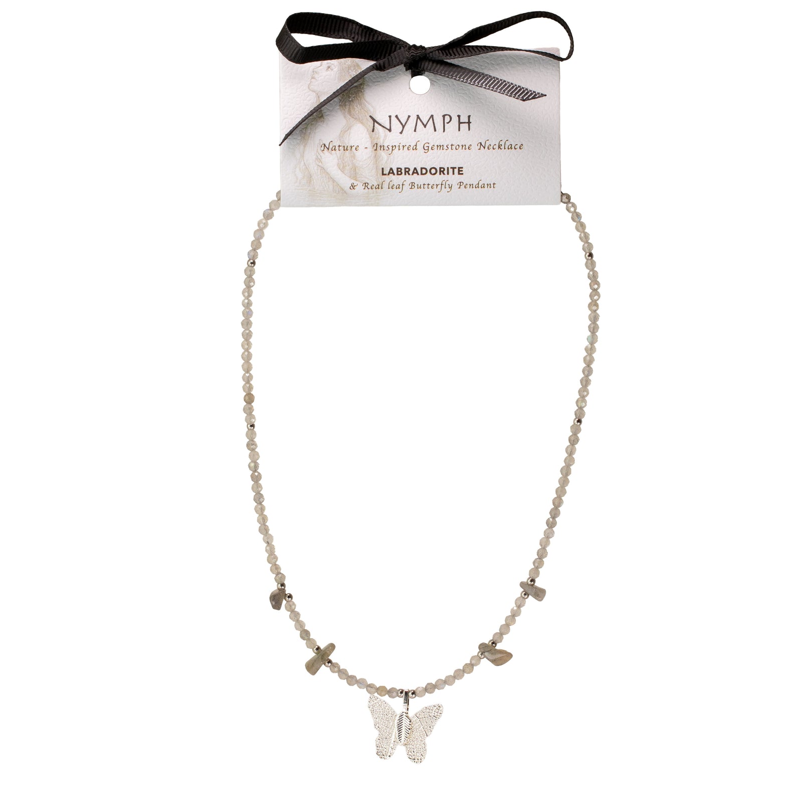 Nymph Labradorite Gemstone Necklace with Real Leaf Butterfly Pendant