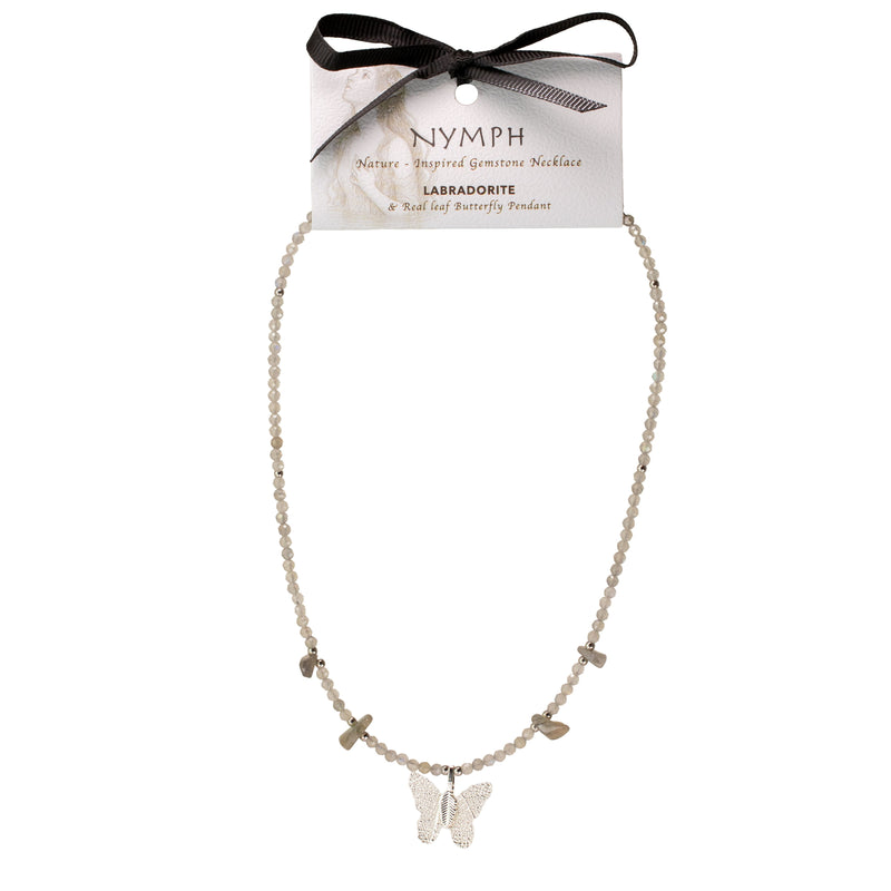Nymph Labradorite Gemstone Necklace with Real Leaf Butterfly Pendant
