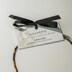 Nymph Tiger's Eye Gemstone Necklace with Real Leaf Butterfly Pendant