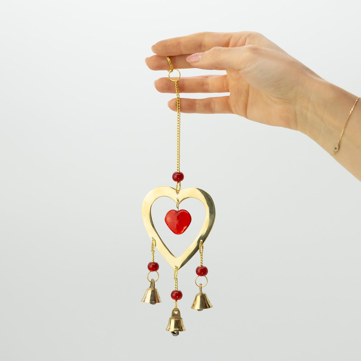 Indian Chimes - Brass With Ruby Glass Heart Beads - 3 Bells product image