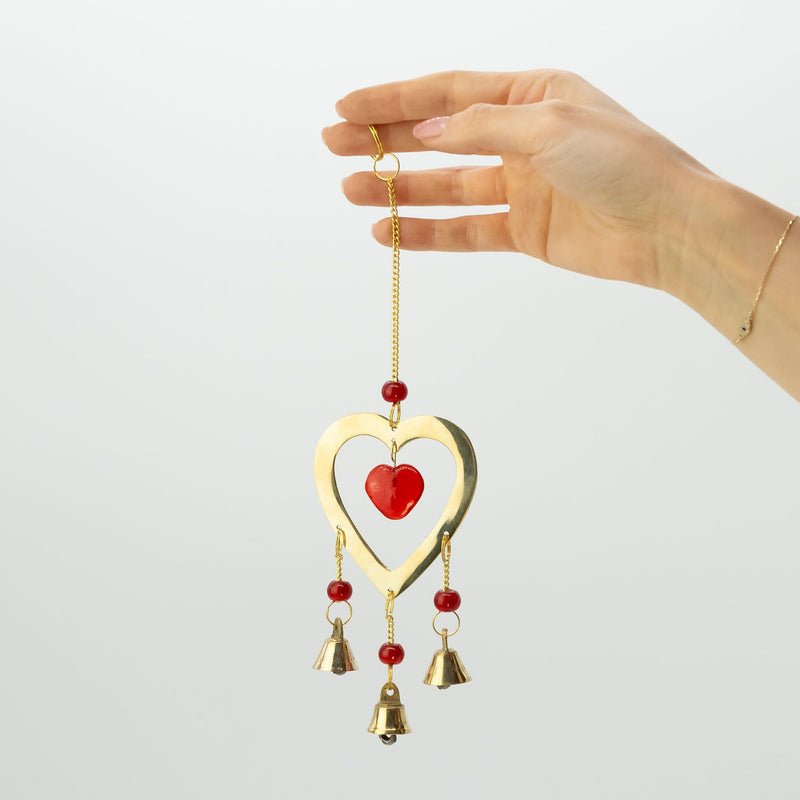 Indian Chimes - Brass With Ruby Glass Heart Beads - 3 Bells product image