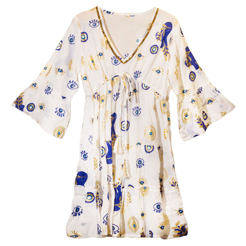 Nomad Sari Evil Eye Dress – White, Blue & Gold – Size M/L product image