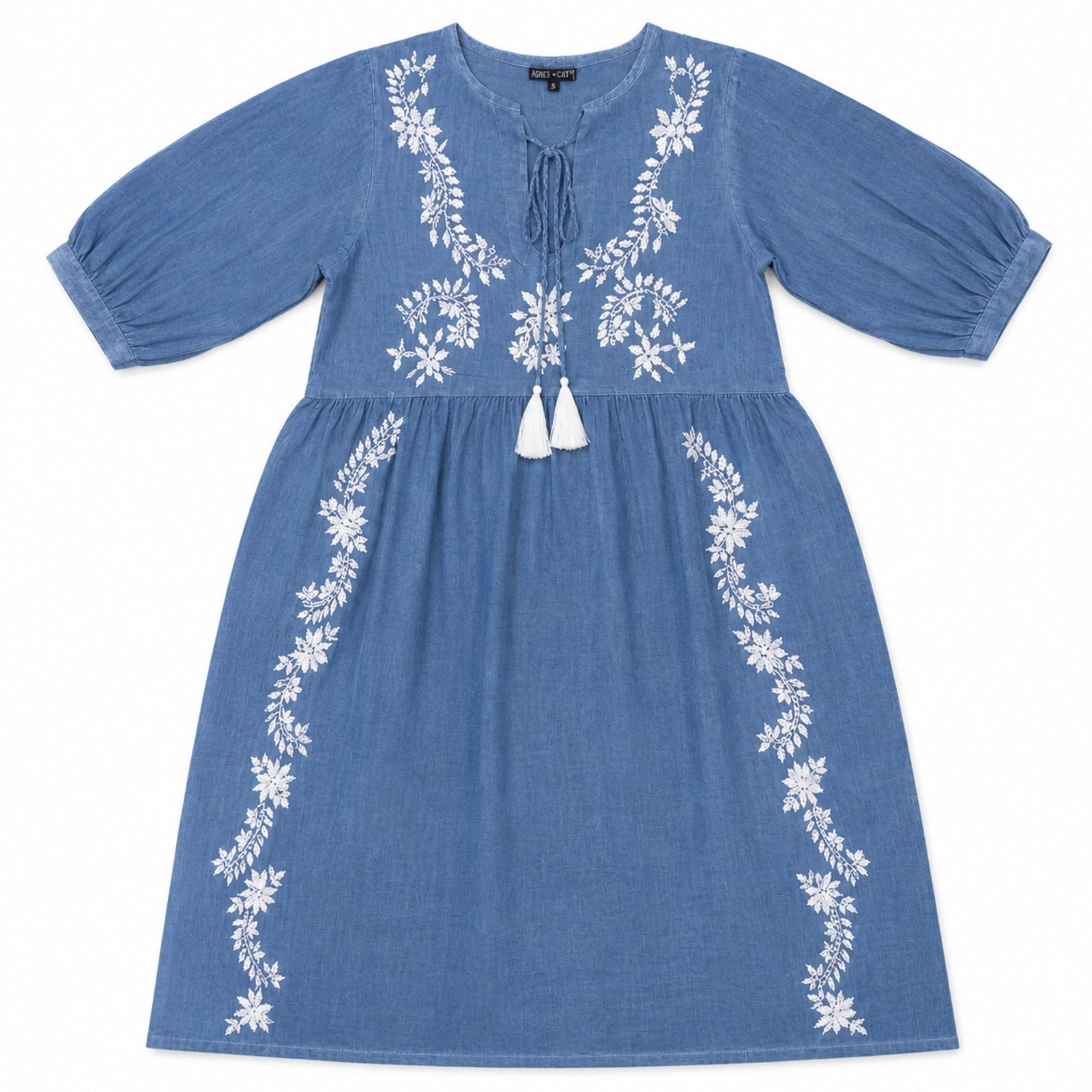 Nomad Sari On the Med Collection - Dress - Dusky Blue with Embroidery & Tassels (L-XL) product image