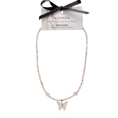 Nymph Rose Quartz Gemstone Necklace with Real Leaf Butterfly Pendant