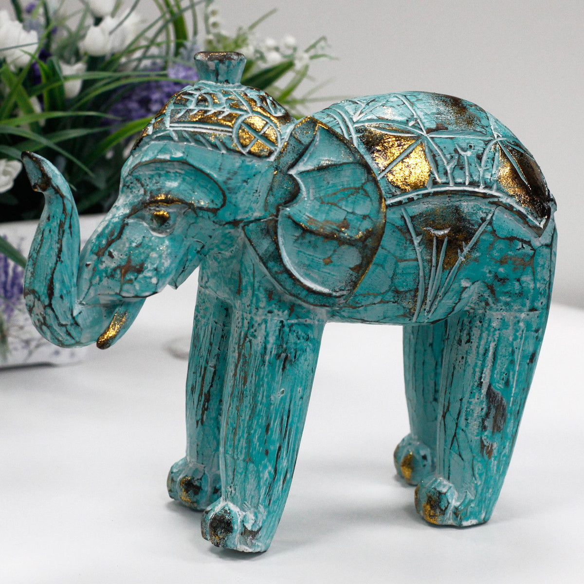 Wood Carved Elephant - Turquoise Gold product image 3
