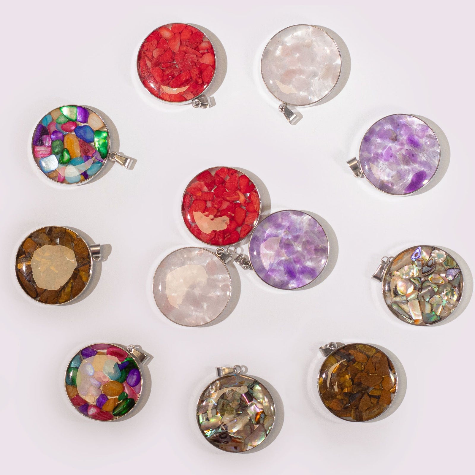 Steel Cased Pendant Round - 12 Assorted Gemstone Chips & Shells product image