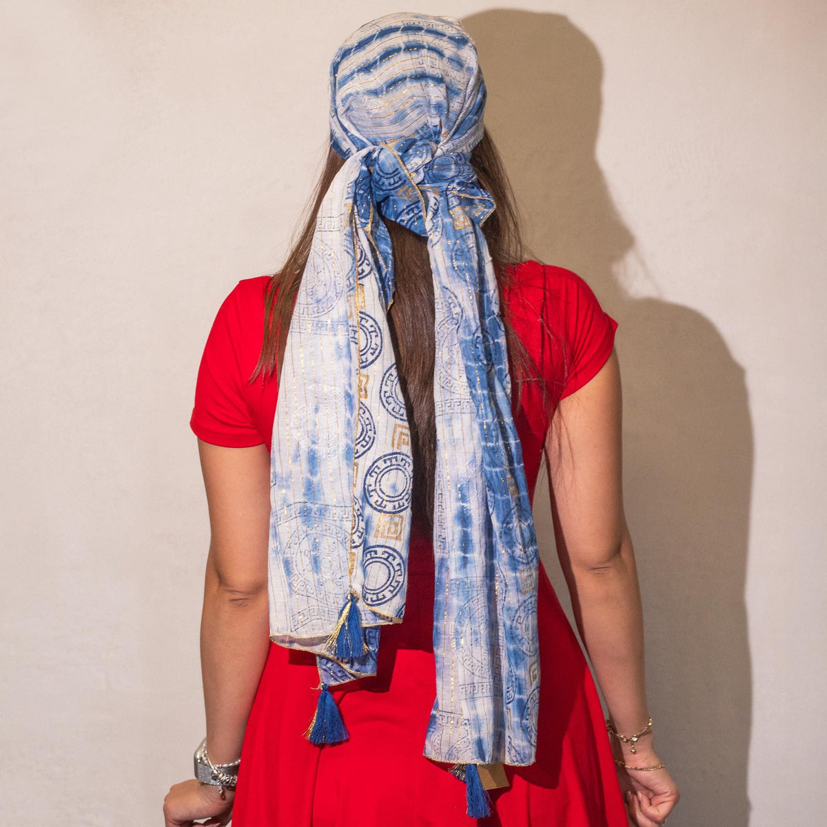 Nomad Sari Summer Marbella Print Scarf - Blue with Gold (180x50cm) product image