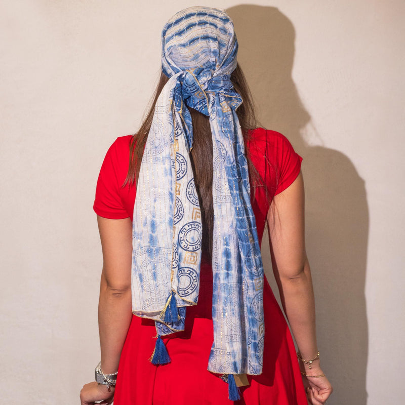 Nomad Sari Summer Marbella Print Scarf - Blue with Gold (180x50cm) product image
