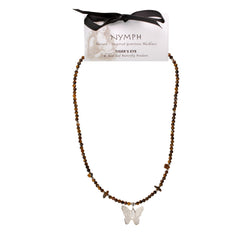 Nymph Tiger's Eye Gemstone Necklace with Real Leaf Butterfly Pendant