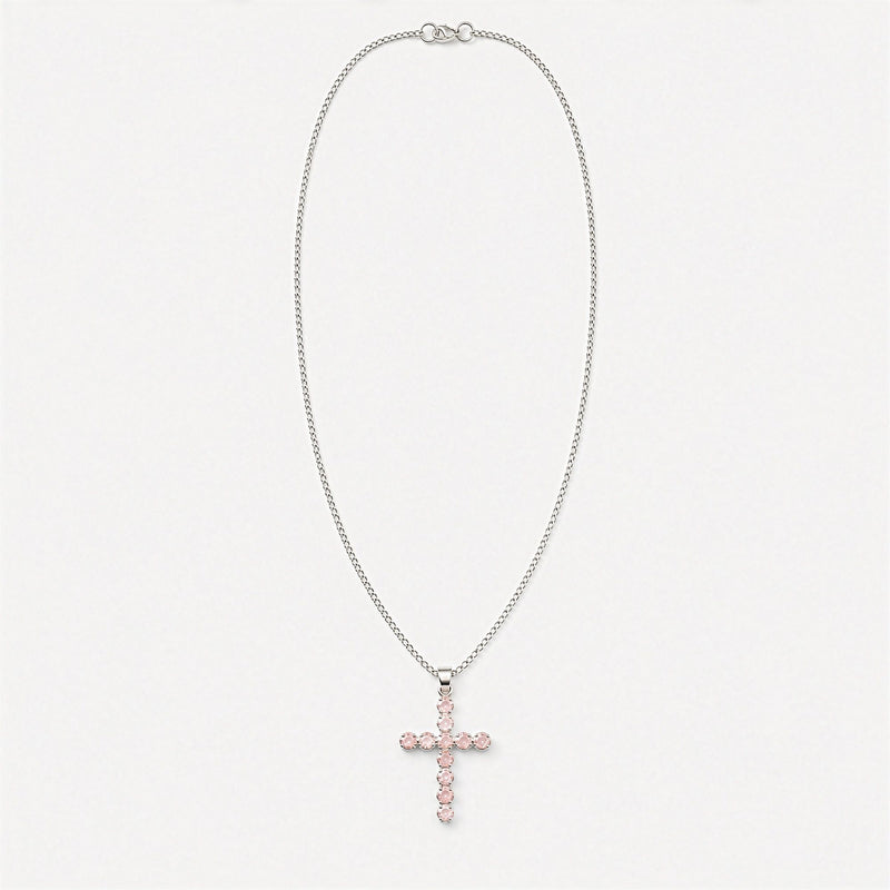 Indian Devotional Pendant - Silver Plated (45cm Chain)- Rose Quartz Crucifix product image