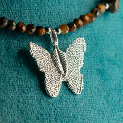 Nymph Tiger's Eye Gemstone Necklace with Real Leaf Butterfly Pendant