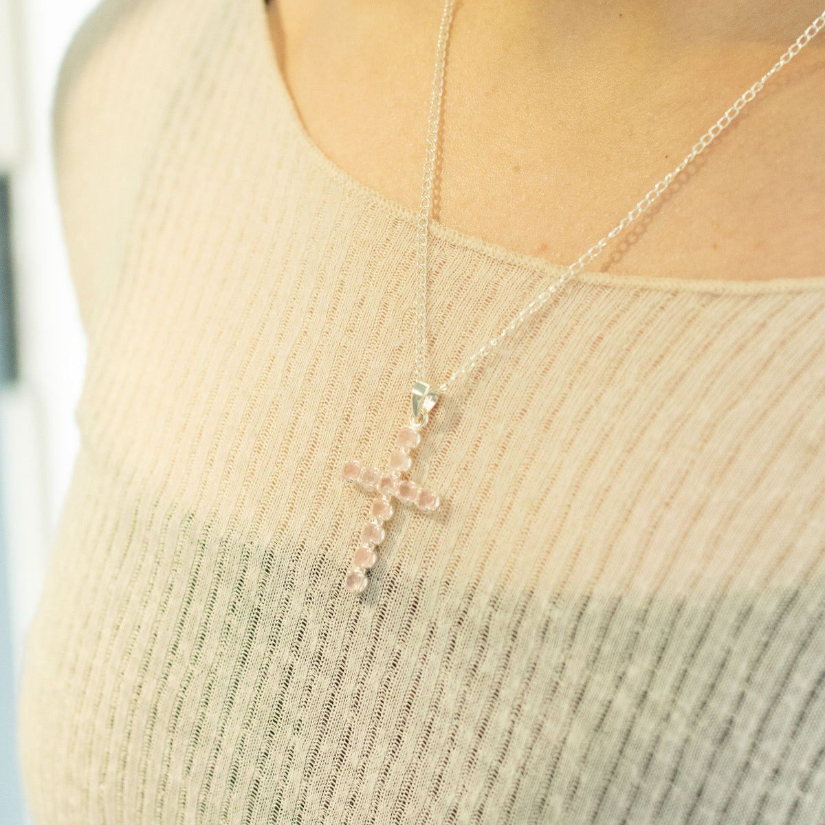 Indian Devotional Pendant - Silver Plated (45cm Chain)- Rose Quartz Crucifix product image 2