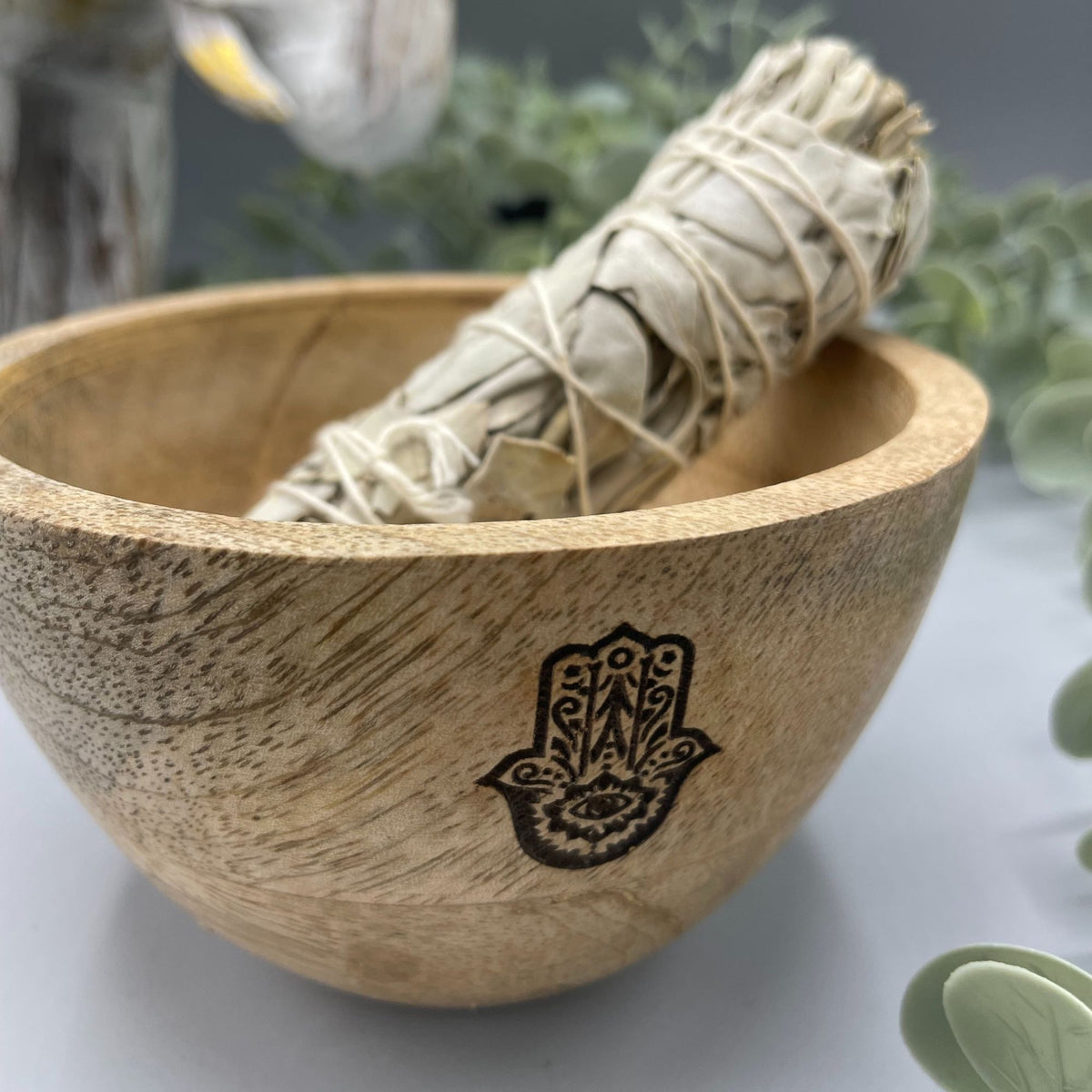 Wooden Smudge and Ritual Offerings Bowl - Hamsa - 11x7cm product image 2