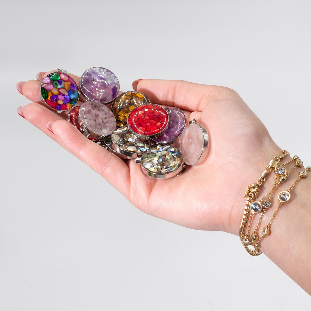Steel Cased Pendant Round - 12 Assorted Gemstone Chips & Shells product image 2