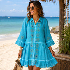 Nomad Sari On the Med Collection - Tunic Dress - Turquoise with Evil Eye Block Print (L-XL) product image 2