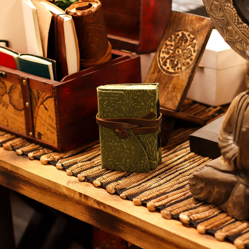 Fat Deckled Leather Notebook – Green Maze Pattern – 12.7×8.9 cm product image