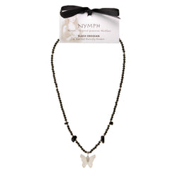 Nymph Black Obsidian Gemstone Necklace with Real Leaf Butterfly Pendant