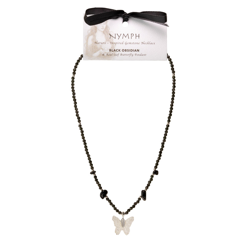 Nymph Black Obsidian Gemstone Necklace with Real Leaf Butterfly Pendant