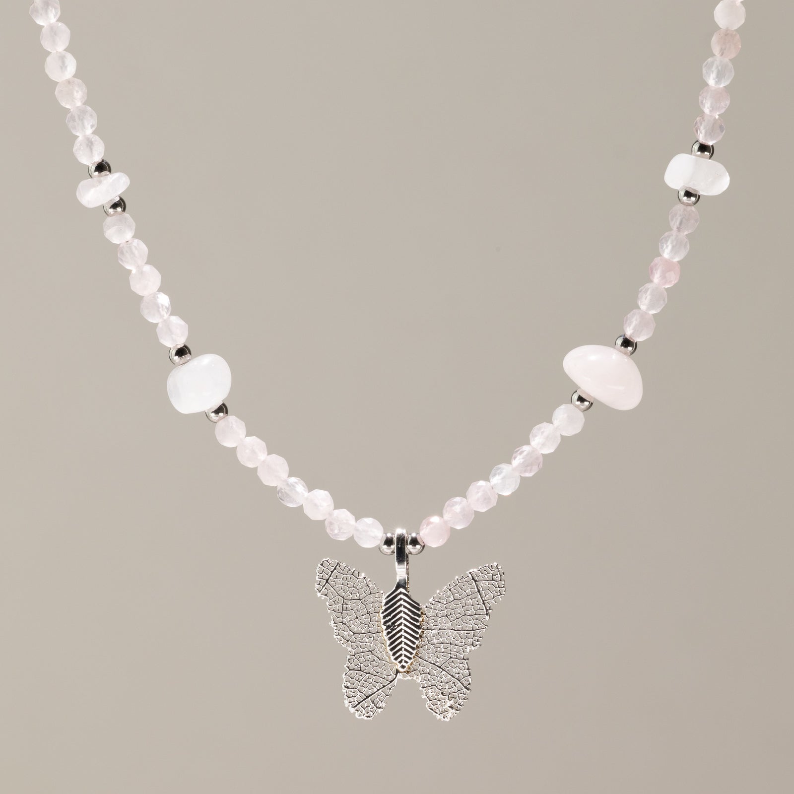 Nymph Rose Quartz Gemstone Necklace with Real Leaf Butterfly Pendant