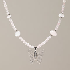 Nymph Rose Quartz Gemstone Necklace with Real Leaf Butterfly Pendant