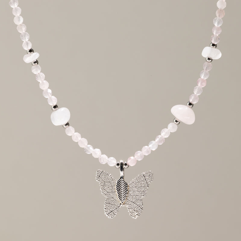 Nymph Rose Quartz Gemstone Necklace with Real Leaf Butterfly Pendant