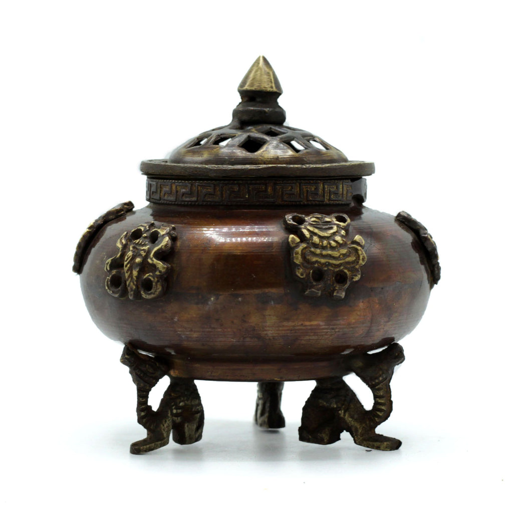 Brass Tibetan Incense Burner - Six Symbols Standing Pot product image