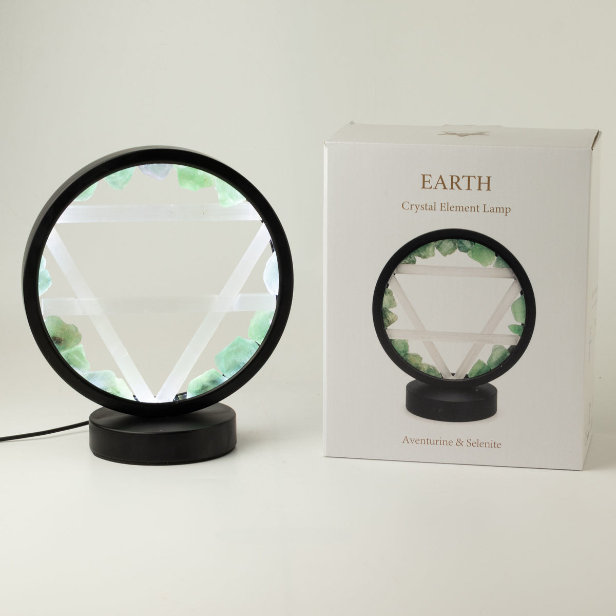 Illuminated aventurine and selenite Earth gemstone halo lamp