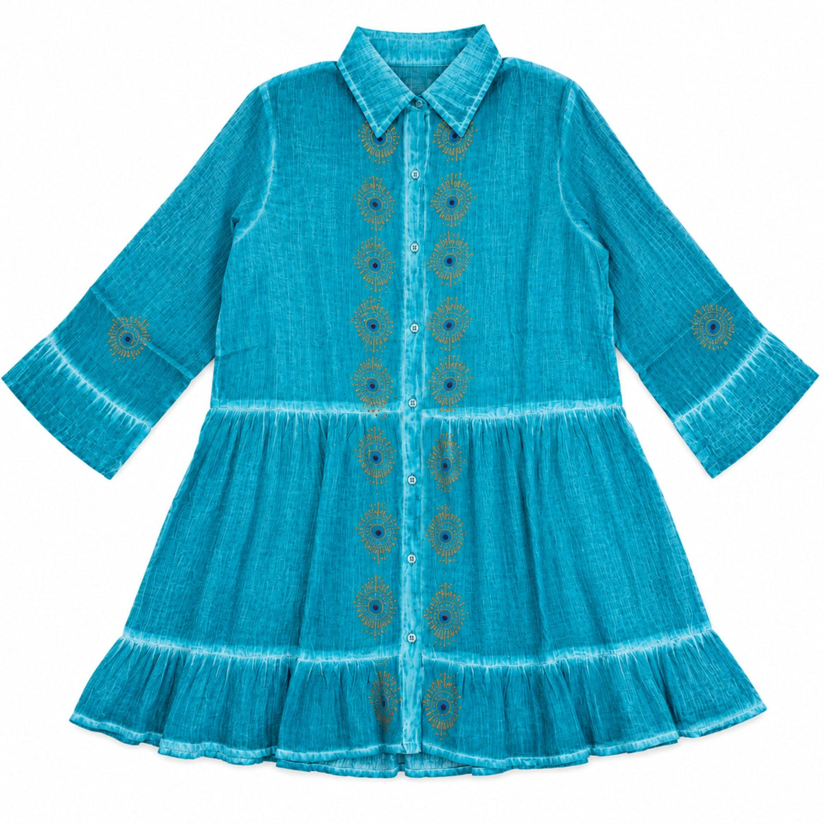 Nomad Sari On the Med Collection - Tunic Dress - Turquoise with Evil Eye Block Print (L-XL) product image