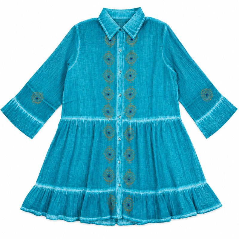 Nomad Sari On the Med Collection - Tunic Dress - Turquoise with Evil Eye Block Print (L-XL) product image