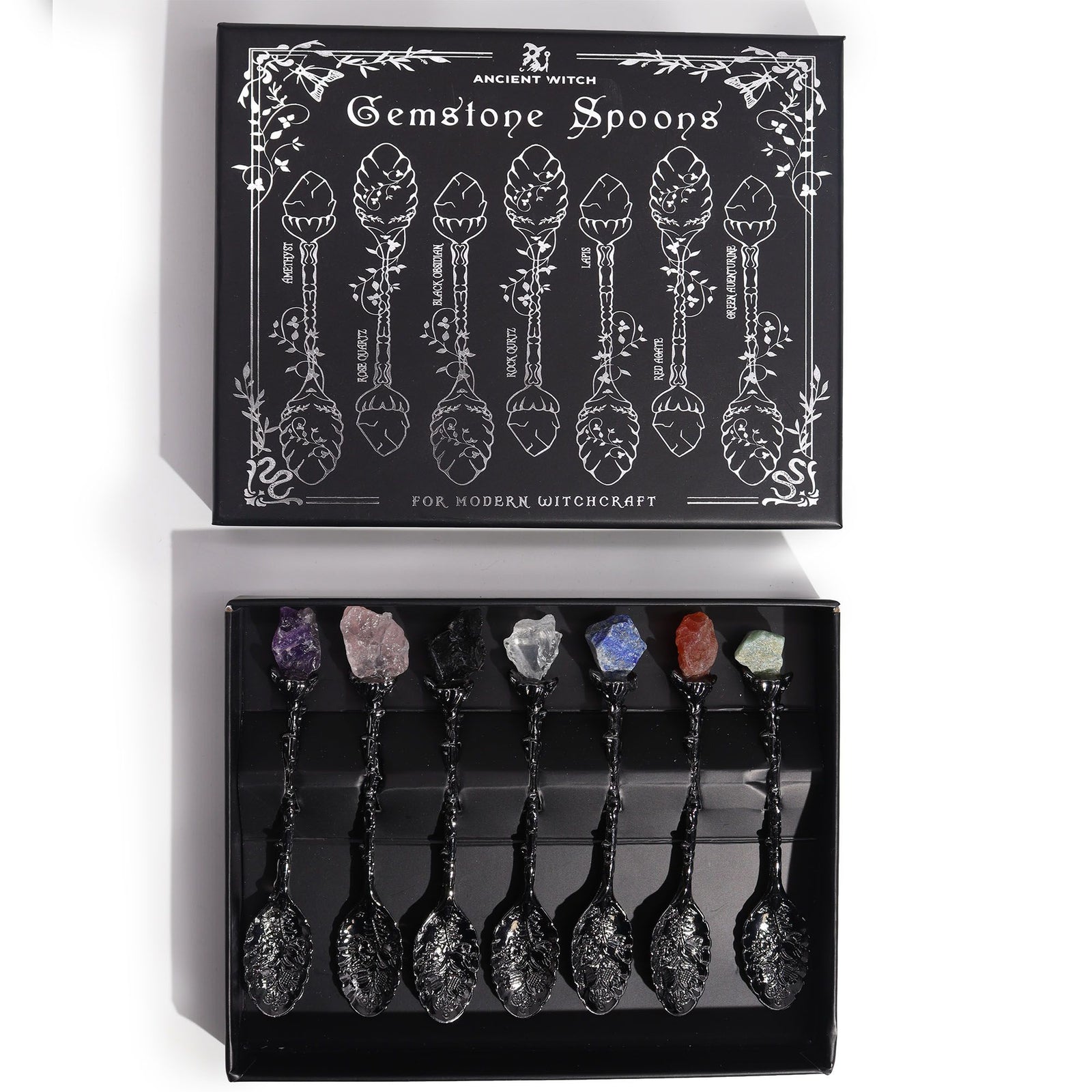Set of 7 Dark Silver Gemstone Crystal Witch Spoons product image