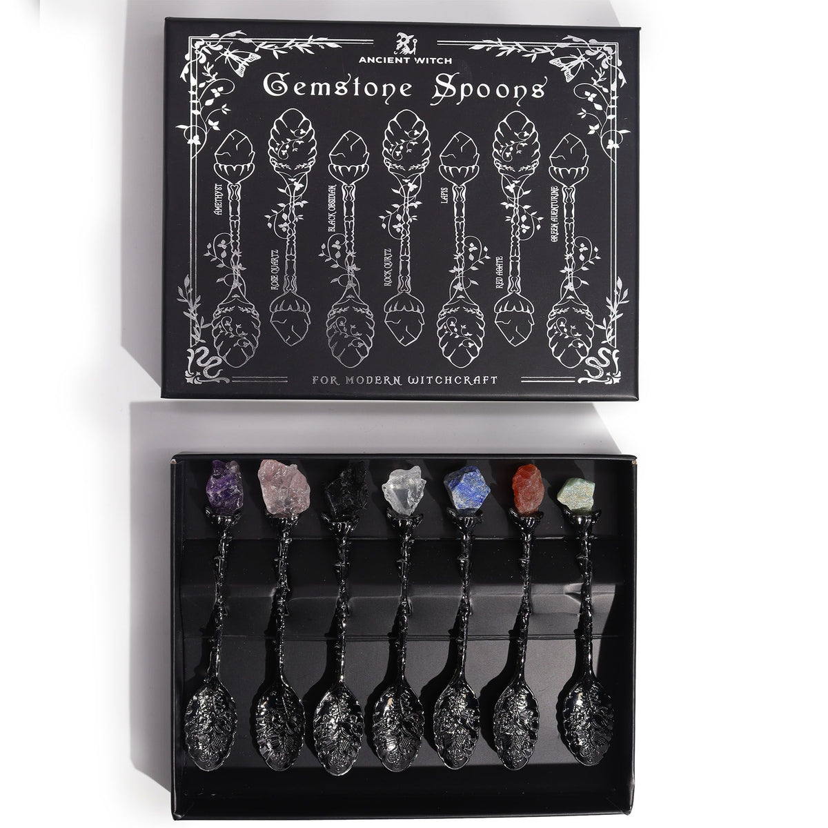 Set of 7 Dark Silver Gemstone Crystal Witch Spoons product image