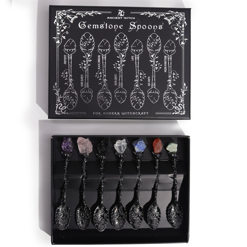 Set of 7 Dark Silver Gemstone Crystal Witch Spoons product image