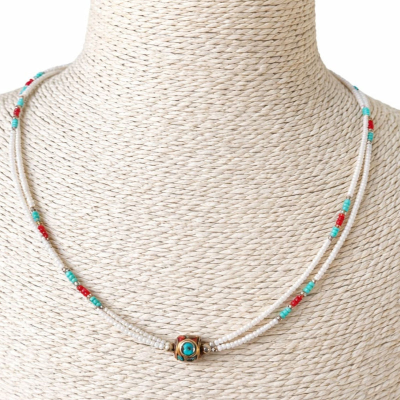 Nepalese Extra Fine Two Line Necklace - Pearl & Turquoise Pendant product image