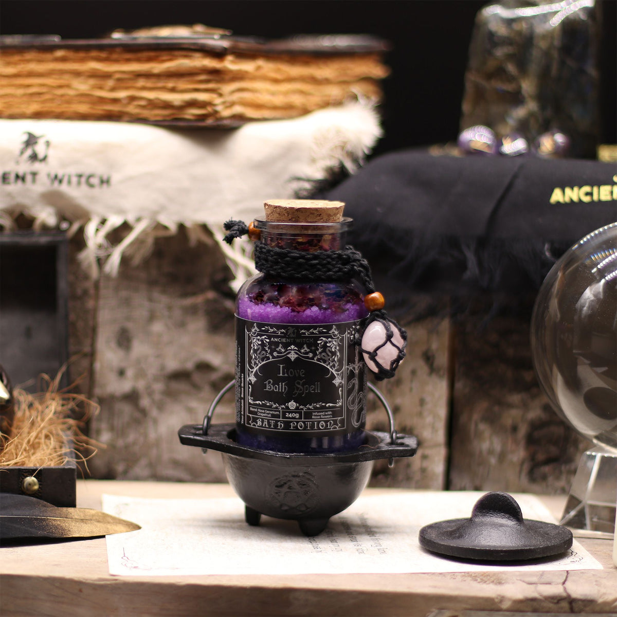 Ancient Witch Bath Spell Potion & Rose Quartz Crystal Amulet - Love product image 4