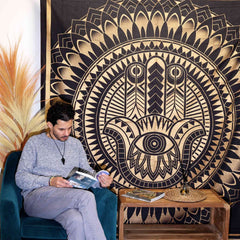Double Cotton Bedspread + Wall Hanging - Hamsa - Black Gold product image 2