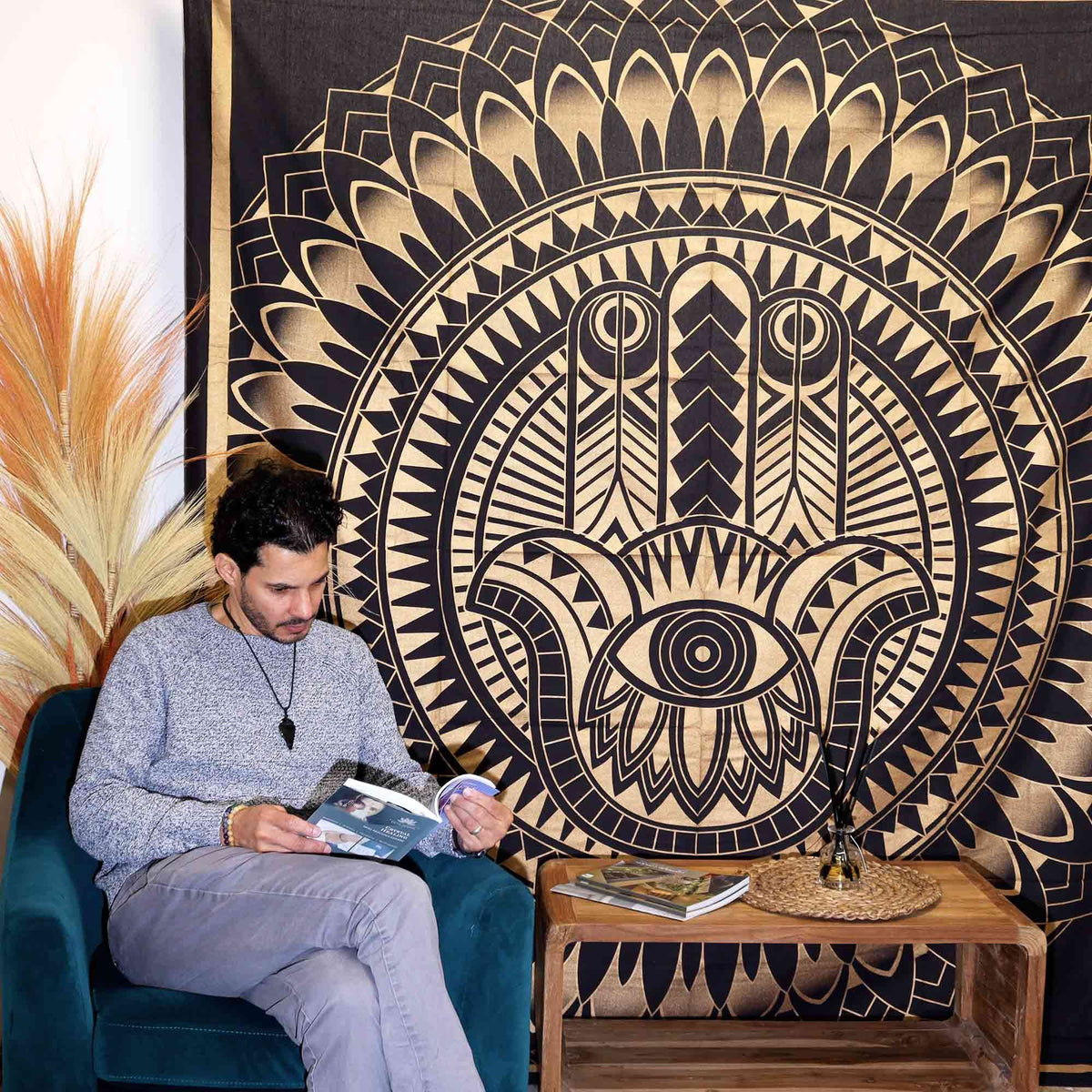 Double Cotton Bedspread + Wall Hanging - Hamsa - Black Gold product image 2