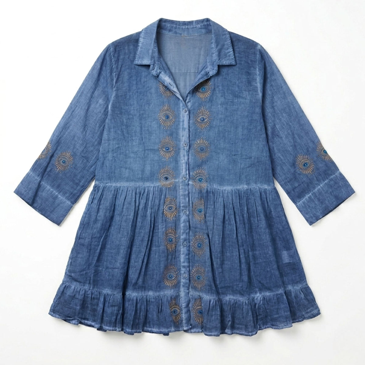 Nomad Sari On the Med Collection - Tunic Dress - Dusky Blue with Evil Eye Block Print (M-L) product image 2