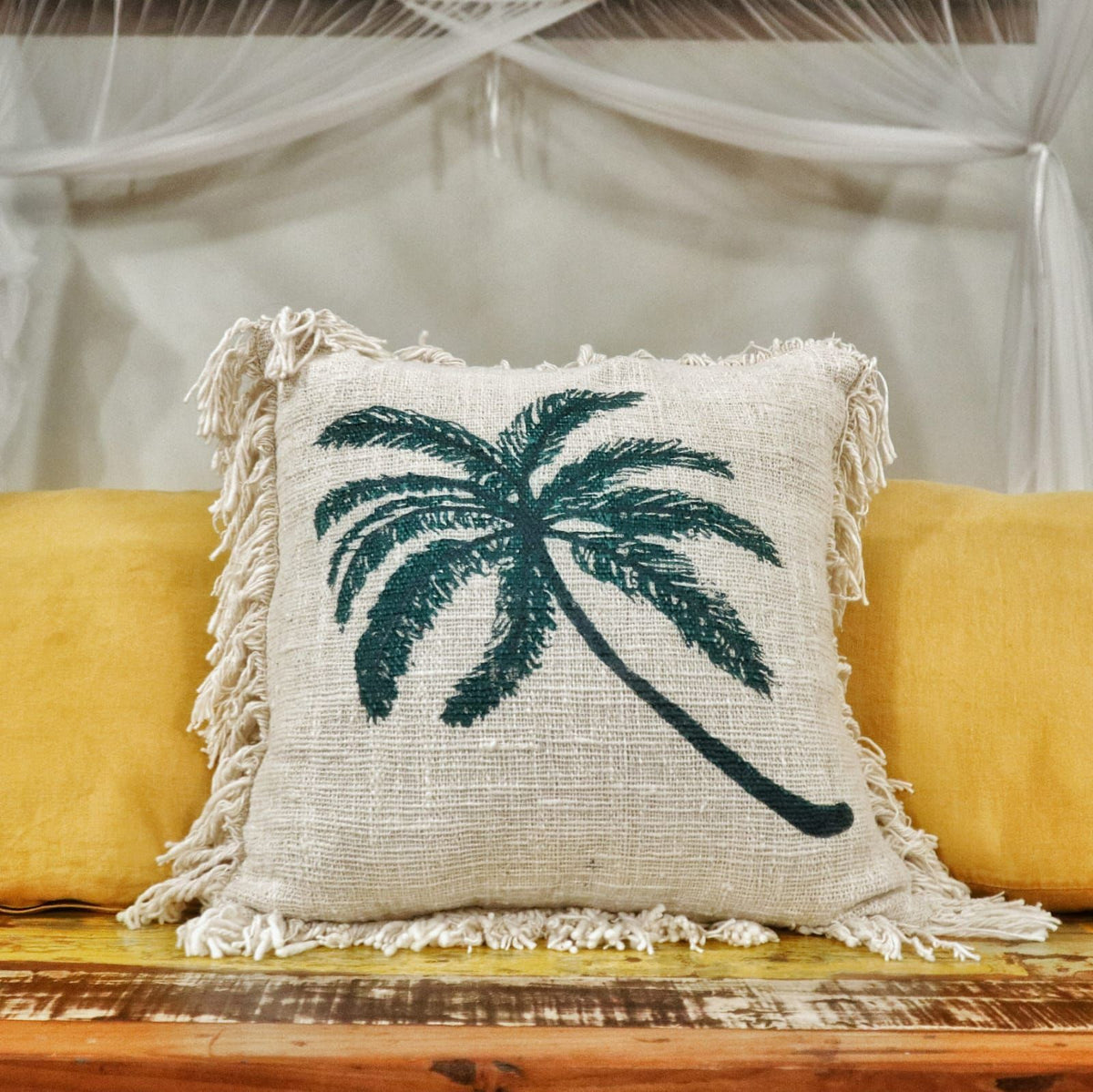 Linen Cushion Cover 45x45cm Palm Tree with Fringe product image 2